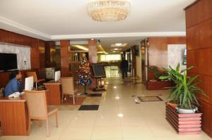 uma árvore de Natal no meio de uma entrada em Melka International Hotel em Addis Ababa