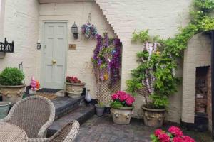 a patio with potted plants and a white door at Warwick Centre Townhouse in Warwick