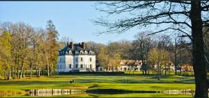 una gran casa blanca en la cima de un exuberante campo verde en Au fil de L'Ouanne 