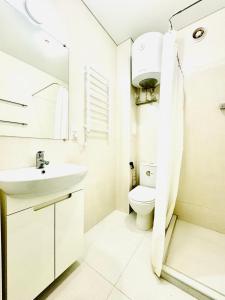a white bathroom with a sink and a toilet at Тут светло и уютно in Kyiv