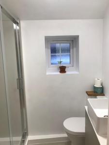 uma casa de banho branca com um WC e uma janela em The Old Police House em Cheddar