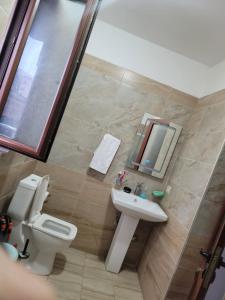 uma casa de banho com um WC e um lavatório em Guesthouse Kocibelli em Korçë
