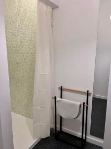 a shower curtain in a bathroom with a chair at Imperial Douro Apartamento 1 in Peso da Régua