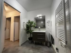 La salle de bains est pourvue d'un lavabo et d'un miroir. dans l'établissement Appartement DisneyLand-Paris, à Chessy