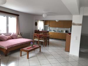 a living room and kitchen with a couch and a table at MARINA's HOME in Konitsa