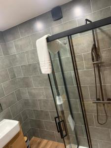 a bathroom with a shower with a glass door at Modern Grassmarket Apartment in Edinburgh