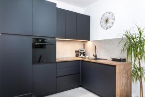 a kitchen with black cabinets and a counter at Villa Nono in Dubrovnik