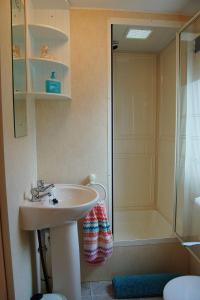 a bathroom with a sink and a shower at Caravan B26 at The Woodlands in Tywyn