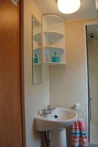 a bathroom with a sink and a mirror at Caravan B26 at The Woodlands in Tywyn