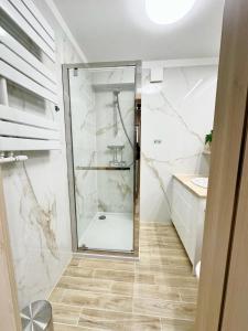 een badkamer met een douche en een wastafel bij Wyspa Uznam Promenada Willa Mistral in Świnoujście