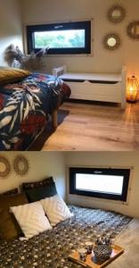 - deux photos d'une chambre avec un lit et un salon dans l'établissement Omer Tiny, à Saint-Omer