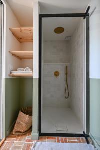 uma cabina de duche ao nível do chão com uma porta de vidro na casa de banho em Appartement gare Saint jean em Bordeaux