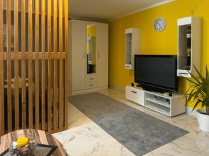 a living room with a tv and a yellow wall at HILL 2 in Golubac