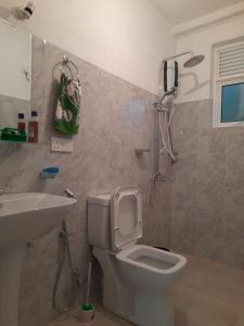 ein Bad mit einer Dusche, einem WC und einem Waschbecken in der Unterkunft HEATHER NEST HOMESTAY - KUNDASALE in Kundasale