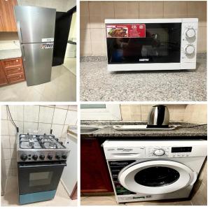 a collage of four pictures of appliances in a kitchen at Premier Serviced Hostel in Dubai