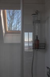 y baño con ducha y ventana. en Vulkán Nyúlontúl, en Mencshely
