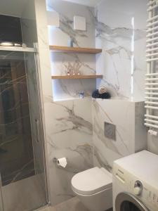 a bathroom with a toilet and a shower at Apartament Nawigator Rybacka 12 b/59 in Kołobrzeg