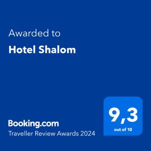 Sertifikāts, apbalvojums, norāde vai cits dokuments, kas ir izstādīts apskatei naktsmītnē Hotel Shalom