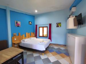 sypialnia z łóżkiem z niebieskimi ścianami i telewizorem w obiekcie La Maison de Tari w mieście Vitrac