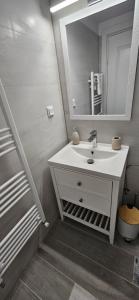 uma casa de banho com um lavatório e um espelho em RR HOUSE APARTAMENTS em Rasnov