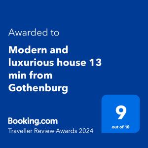 uma imagem de um telemóvel com o texto atualizado para uma casa moderna e luxuosa em Modern and luxurious house -13 min by train from Gothenburg em Surte
