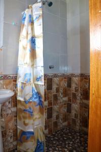a shower with a shower curtain in a bathroom at INKA LAKE Taquile Lodge in Huillanopampa