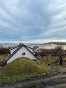 a white house on top of a grassy hill at Cheerful Cottage at Balatonfelvidek Dörgicse in Mencshely