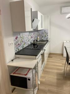 uma pequena cozinha com fogão e micro-ondas em Apartmán Alicante em Dunajská Streda