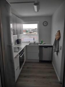 cocina con armarios blancos, fregadero y ventana en Ilulissat Hostel, en Ilulissat