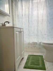 a bathroom with a toilet and a green rug at SUITE JESUS ROOM 3 in Paterson