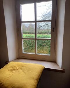 une fenêtre avec une couverture jaune devant elle dans l'établissement Hamiora wellness B&B, à Deinze
