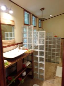 a bathroom with a sink and a glass wall at Sau Bay Resort & Spa in Waiyevo