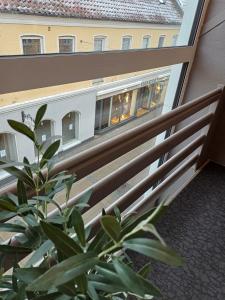 セビーにあるCalm Room 10 On Pedestrian Street Saebyの植物のあるバルコニーから電車の景色を望めます。