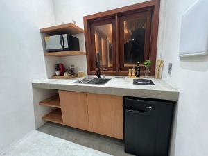 uma cozinha com um lavatório e um micro-ondas em Jurema Dourada em Beberibe