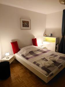 a bedroom with a large bed with red pillows at Maison Champperbou in Haut-Vully