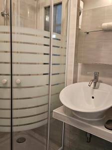 uma casa de banho com um lavatório e um chuveiro em Studio apartment Gigi em Zagreb