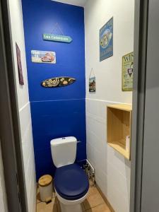 a blue bathroom with a toilet with a blue wall at Charmant appartement in Béguey