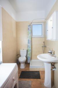 uma casa de banho com um lavatório, um WC e uma janela. em Rural Residence em Skouloúfia