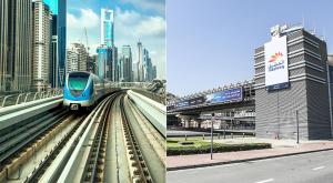 a blue train on the tracks in a city at Individual Partition Room in Al Barsha 1 Near Mashreq Metro in Dubai