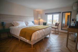 a bedroom with a bed and a desk and a window at Kilkenny Suites in Kilkenny