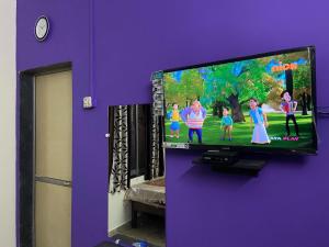 a tv on a purple wall with a cartoon on it at Royal Devbaug Holiday Home in Malvan