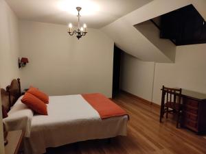 1 dormitorio con cama y lámpara de araña en La Posada de Pradorey, en Ventosilla