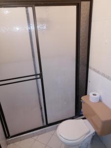 uma casa de banho com um WC e uma porta de duche em vidro. em Hotel low cost em La Dorada