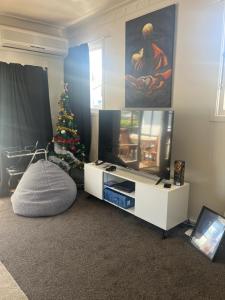 uma sala de estar com televisão e uma árvore de Natal em Double bed room in Invercagill/5mini walk to city em Invercargill