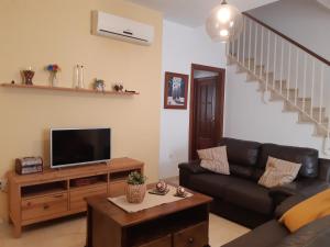 a living room with a couch and a tv at Casa Almazara in La Puebla de Cazalla