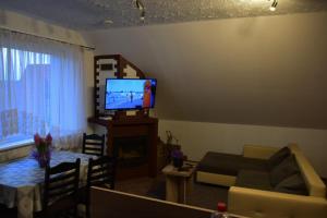 a living room with a couch and a television at Apartament Czos Kominek Premium in Mrągowo