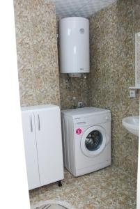 uma casa de banho com uma máquina de lavar roupa e um lavatório em Apartman Delevi em Strumica