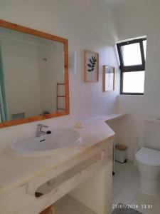 y baño con lavabo, aseo y espejo. en SAO RAFAEL TRADICIONAL BEACH APARTMENT, en Albufeira