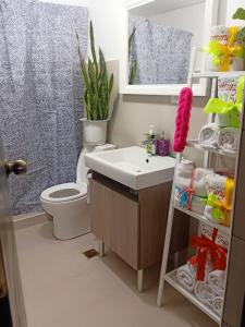 ein Badezimmer mit einem WC, einem Waschbecken und einem Spiegel in der Unterkunft Spring Tree Place in Baguio City