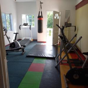 einen Fitnessraum mit zwei Laufbändern und einem Sandsack in der Unterkunft Happy Grove Lodge in Happy Grove